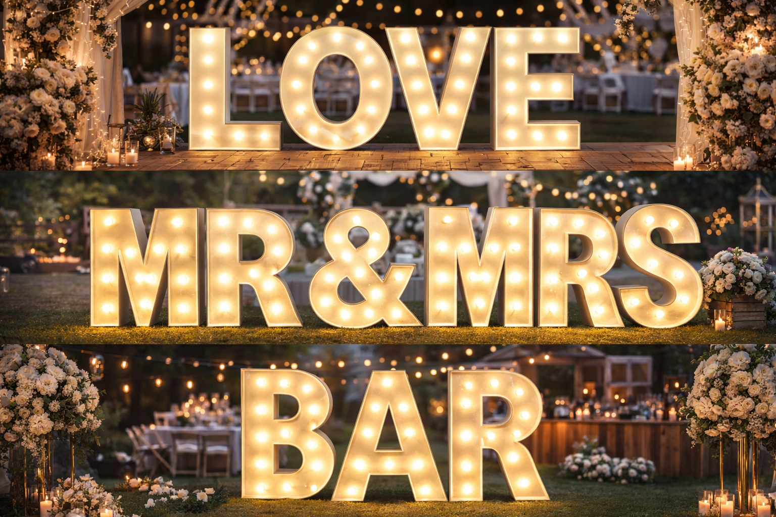 XXL Leuchtbuchstaben „LOVE“, „MR & MRS“ und „BAR“ als beleuchtete Dekoration für eine Hochzeit im Außenbereich