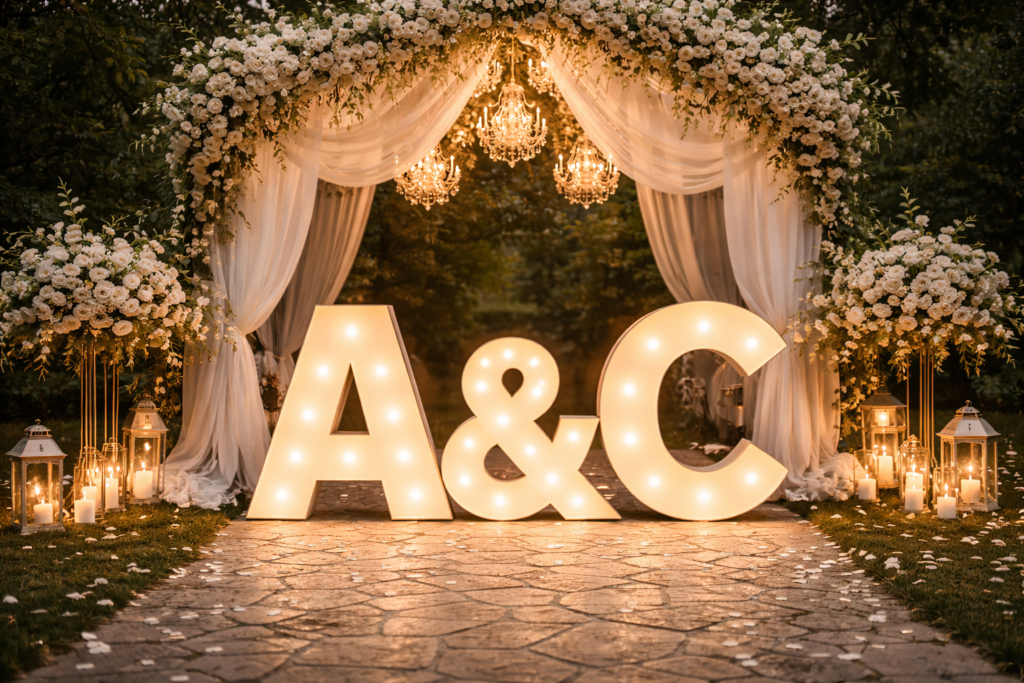 XXL Leuchtbuchstaben „A & C“ vor floralem Traubogen als romantische Hochzeitsdekoration