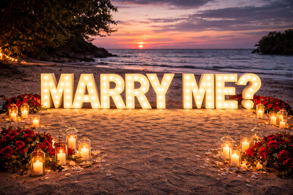 XXL Leuchtbuchstaben „Marry Me“ am Strand als romantische Kulisse für einen Heiratsantrag