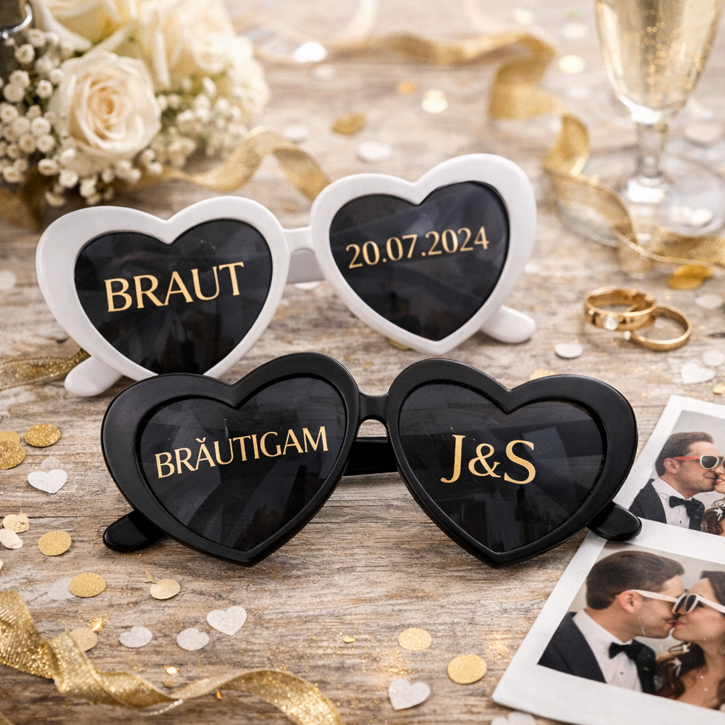 Personalisierte Herzbrillen für Braut und Bräutigam mit Namen und Hochzeitsdatum – perfekt für Fotobox und Hochzeitsfotos.