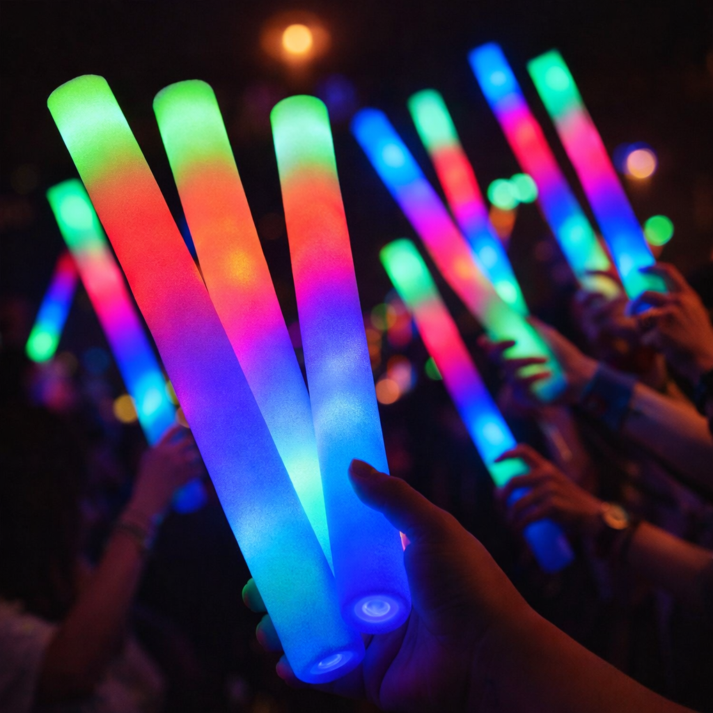 Bunte LED-Leuchtstäbe in den Händen von Gästen sorgen für eine lebendige Atmosphäre auf der Tanzfläche.