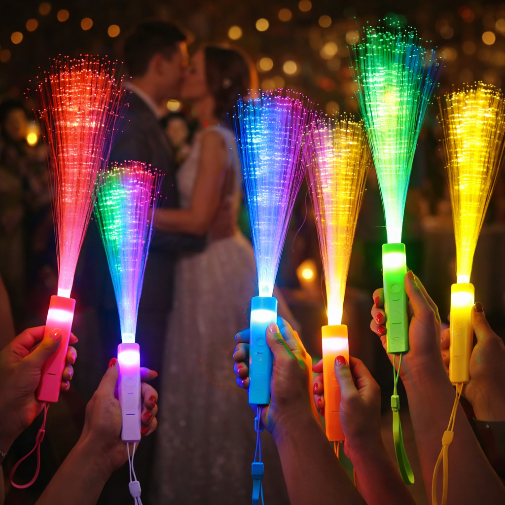 Bunte LED-Leuchtwedel in den Händen von Hochzeitsgästen sorgen für stimmungsvolle Lichteffekte auf der Tanzfläche.