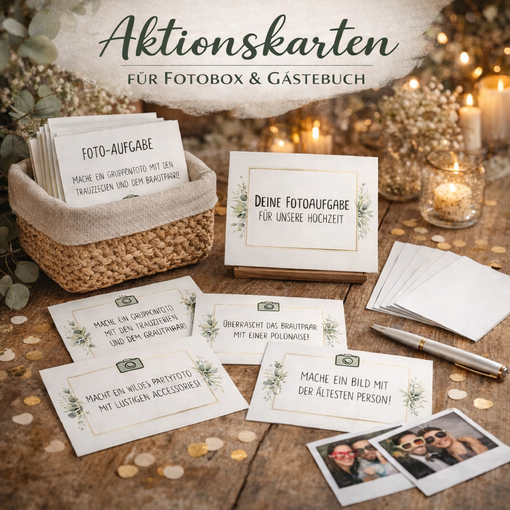 Liebevoll gestaltete Aktionskarten für Fotobox und Gästebuch auf einer Hochzeitstafel.