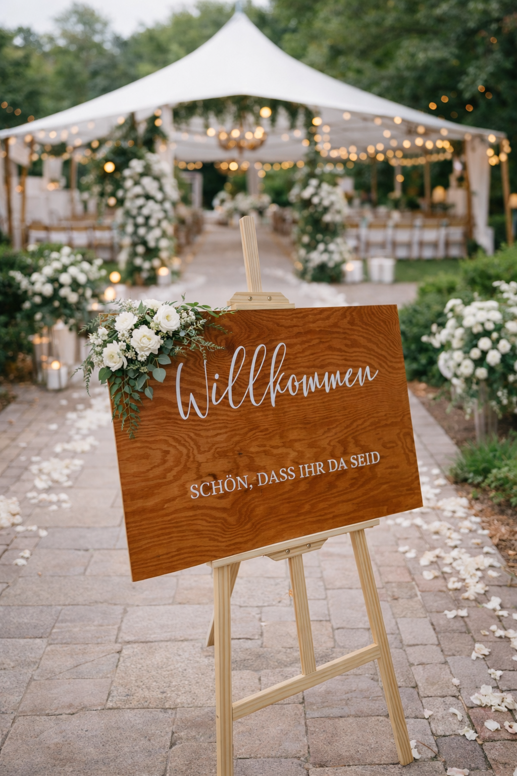 Elegantes Willkommensschild aus Holz auf einer Staffelei beim Eingang einer Hochzeitslocation.