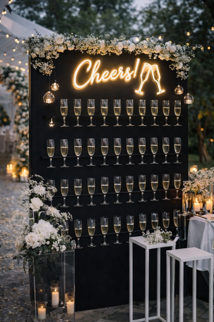 Elegante Sektwand mit Champagnergläsern und beleuchtetem Schriftzug auf einer Hochzeit.