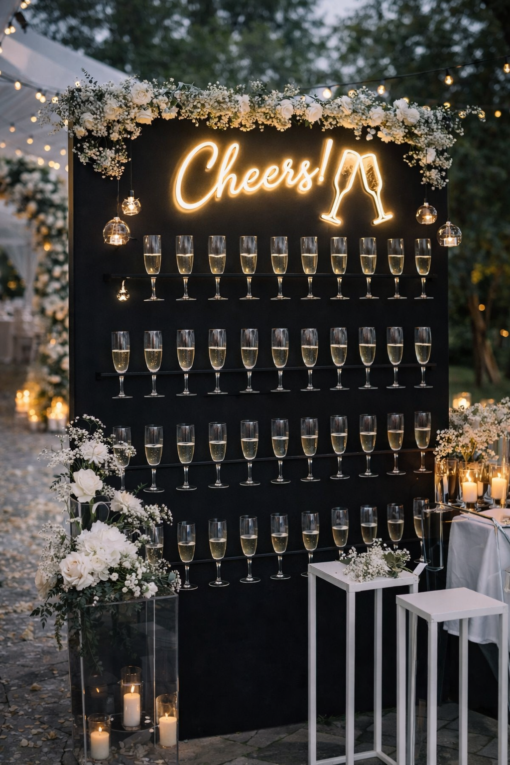 Elegante Sektwand mit Champagnergläsern und beleuchtetem Schriftzug auf einer Hochzeit.