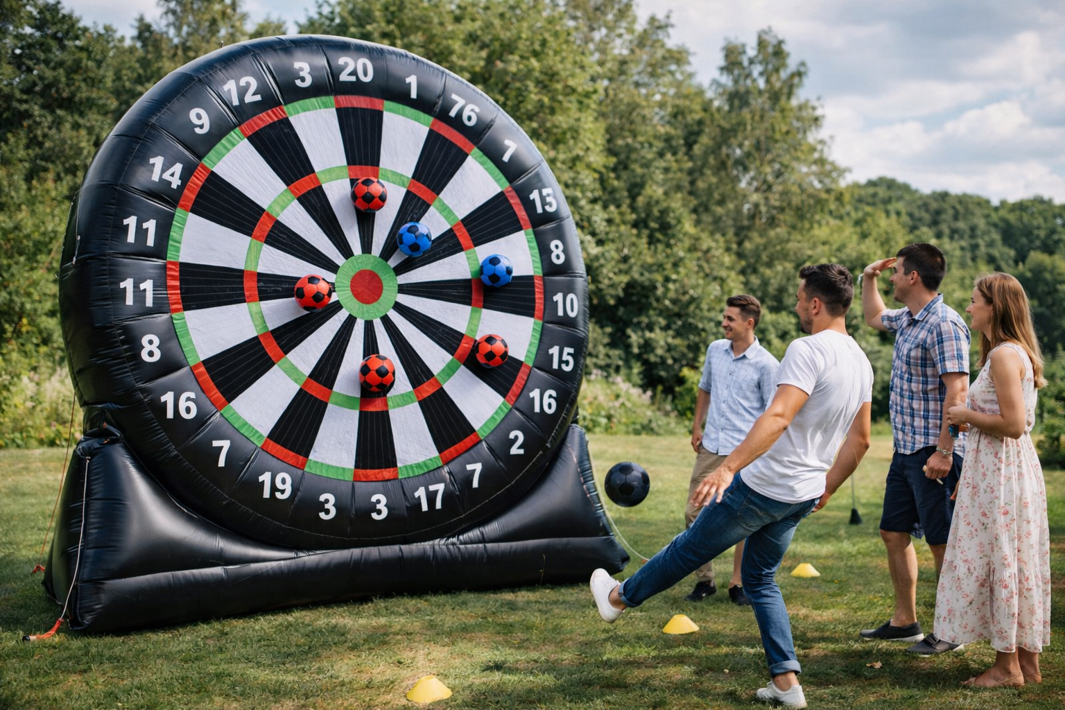 Personen spielen auf eine große aufblasbare XXL Fußball-Dartscheibe bei einem Outdoor-Event.