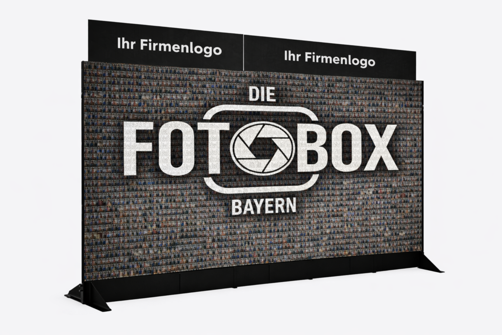 Große Mosaik Fotobox Wand mit integriertem Firmenlogo – ideal für Branding auf Events und Messen.