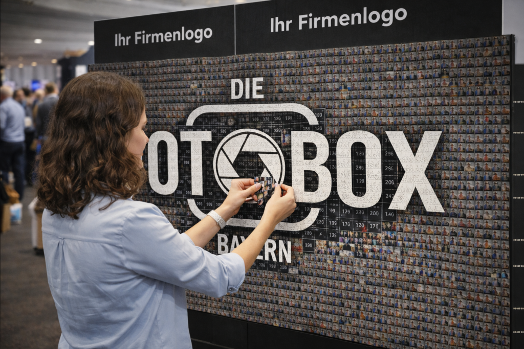 Interaktive Mosaik Fotobox Wand mit Firmenlogo, bestehend aus vielen kleinen Event-Fotos auf einer Messe.