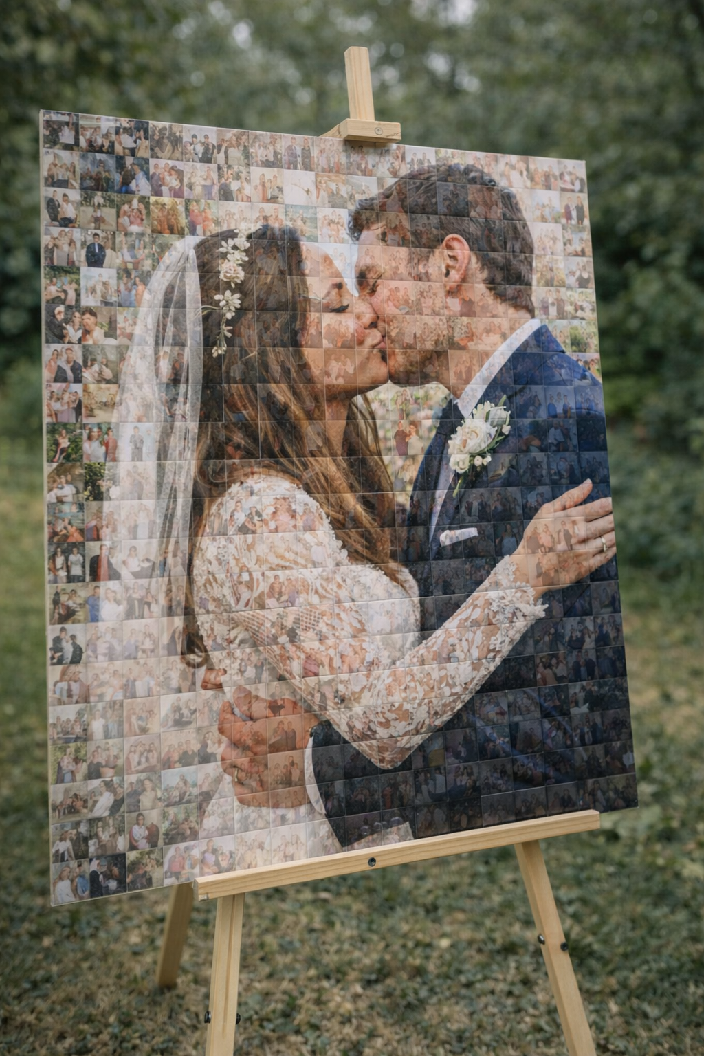 Mosaik Fotobox Bild auf Staffelei mit Brautpaar, zusammengesetzt aus vielen kleinen Gästefotos einer Hochzeit.
