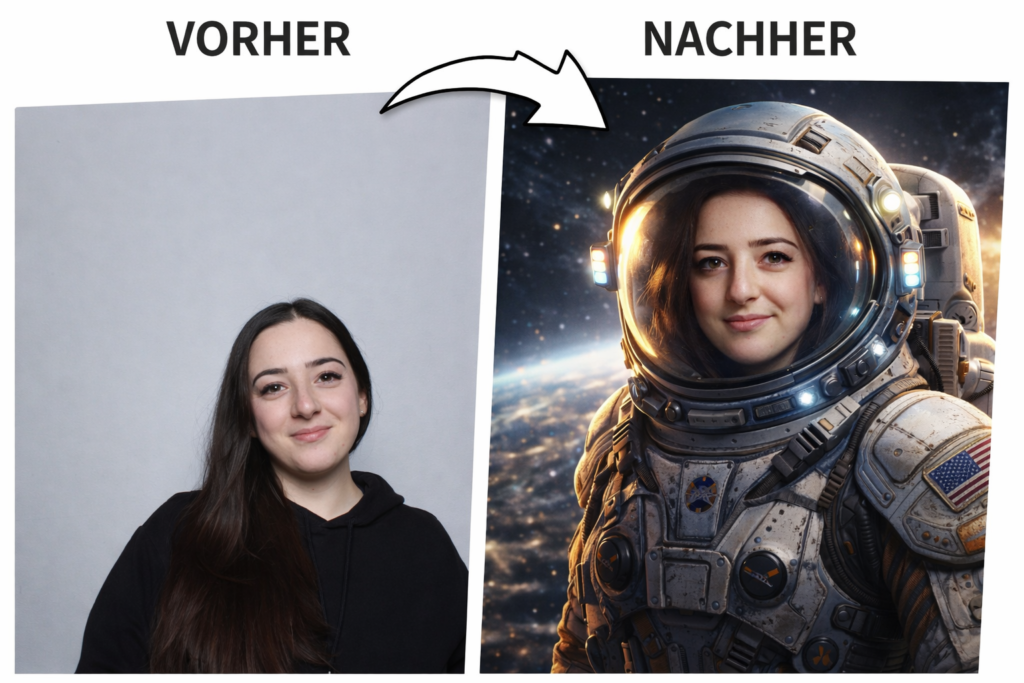 Vorher-Nachher KI-Fotobox: Einfaches Portrait wird zu einer Astronautin im realistischen Raumanzug im Weltall.