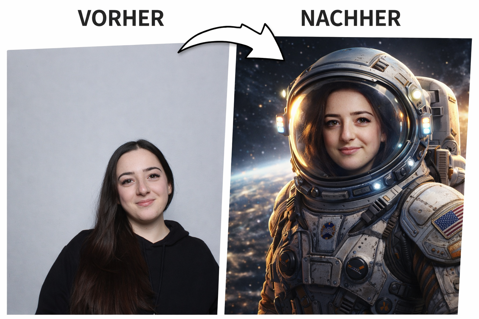 Vorher-Nachher KI-Fotobox: Einfaches Portrait wird zu einer Astronautin im realistischen Raumanzug im Weltall.