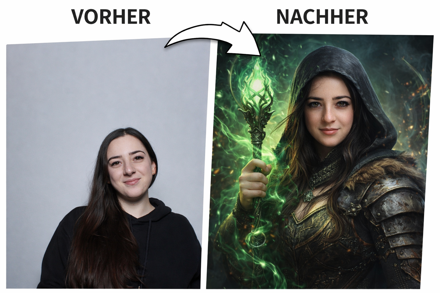 Vorher-Nachher KI-Fotobox: Normales Portrait verwandelt sich in eine Fantasy-Magierin mit leuchtendem Zauberstab.