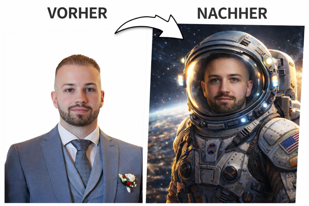 Vorher-Nachher KI-Fotobox: Portrait im Anzug verwandelt sich in einen Astronauten im Weltraum.