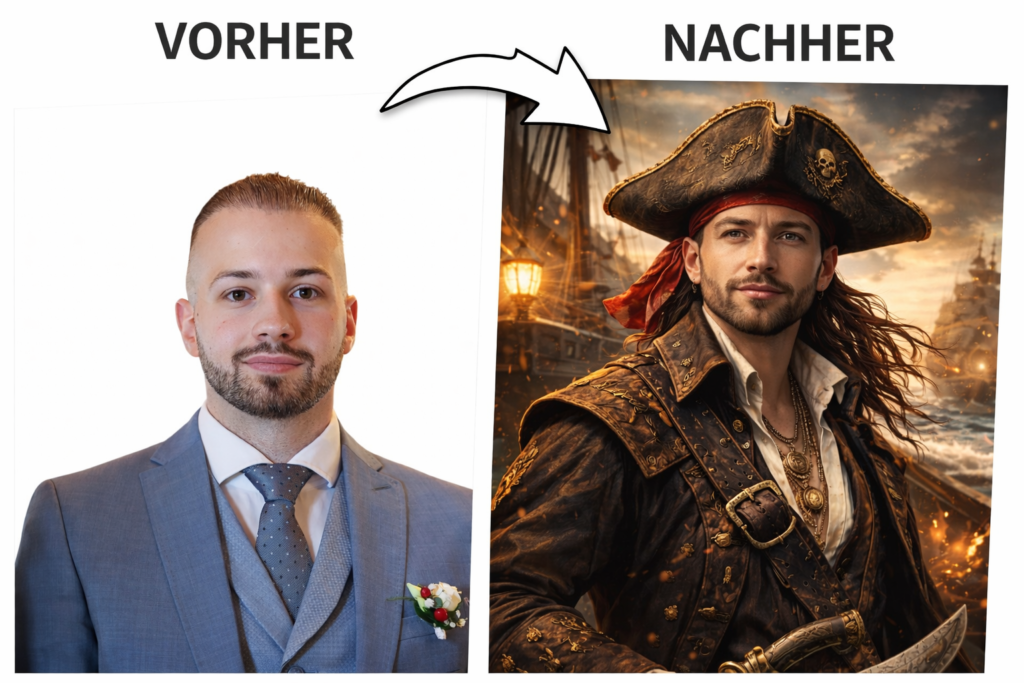Vorher-Nachher KI-Fotobox: Business-Portrait im Anzug wird zu einem realistischen Piraten auf hoher See.