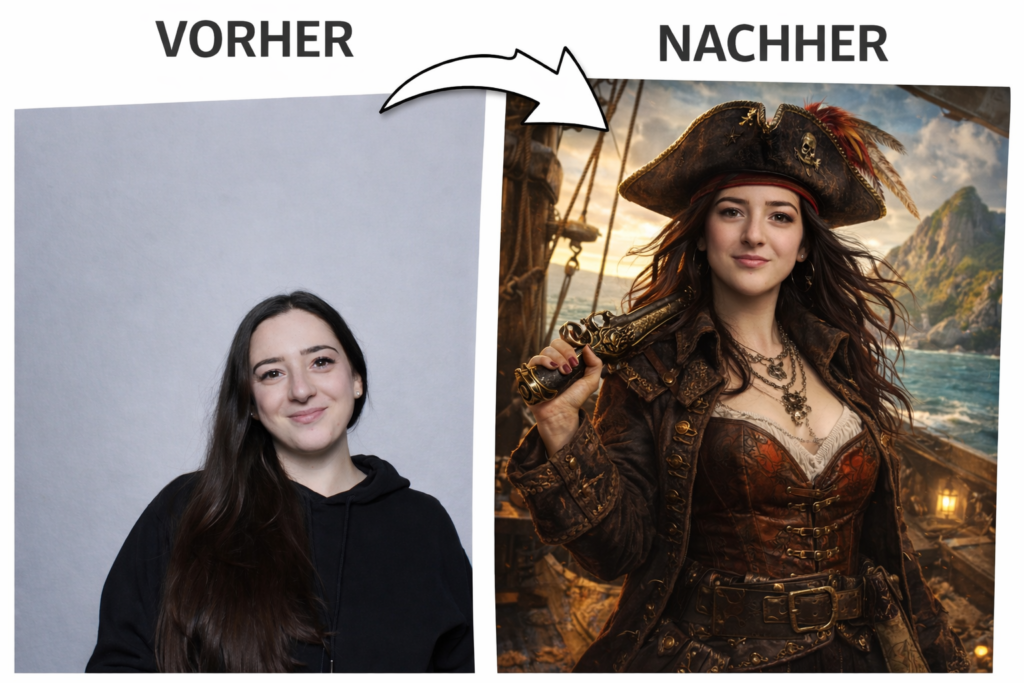 Vorher-Nachher Beispiel einer KI-Fotobox: Aus einem Portrait wird eine detailreiche Piratin auf einem Segelschiff.