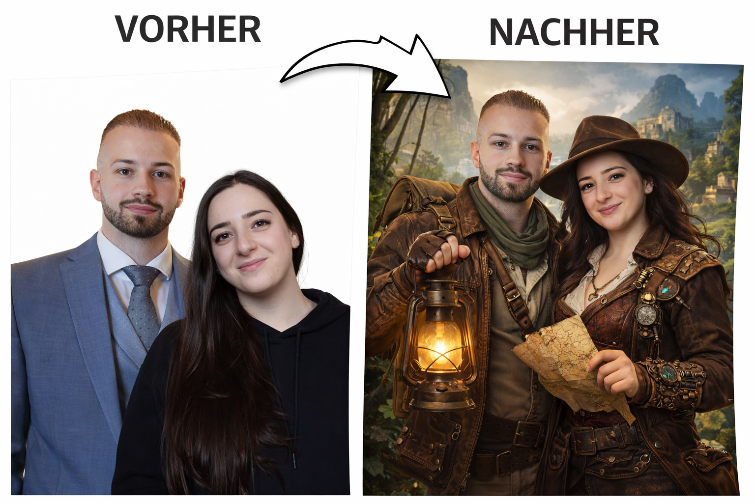 Vorher-Nachher Beispiel einer KI-Fotobox: Studiofoto wird zu einem Abenteuerbild mit Entdecker-Outfits transformiert.