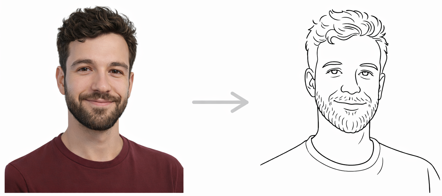 Vorher-Nachher-Darstellung eines Sketchbots: links ein Männerportrait, rechts eine detailreduzierte Linienzeichnung der Person.