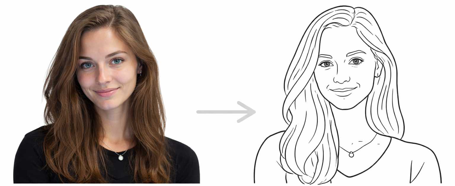 Vorher-Nachher-Darstellung eines Sketchbots: links ein Frauenportrait, rechts eine reduzierte Strichzeichnung der Person.