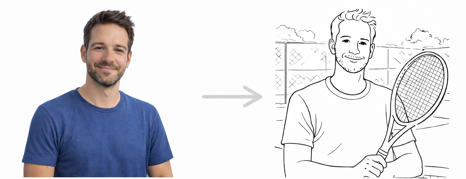 Vorher-Nachher-Bild eines Sketchbots: links ein Männerportrait, rechts eine Illustration der Person als Tennisspieler mit Schläger auf einem Tennisplatz.