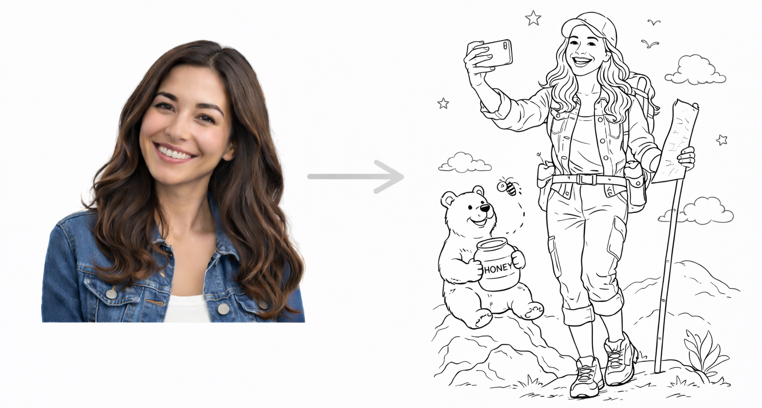 Vorher-Nachher-Bild eines Sketchbots: links ein Frauenportrait, rechts eine Zeichnung der Person als Wanderin mit Karte und Smartphone in einer Bergszene.