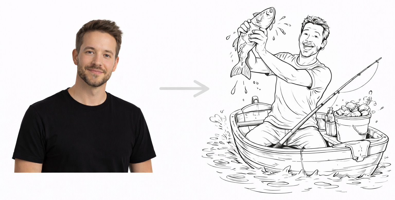 Vorher-Nachher-Bild eines Sketchbots: links ein Männerportrait, rechts eine gezeichnete Szene mit der Person beim Angeln in einem Boot.