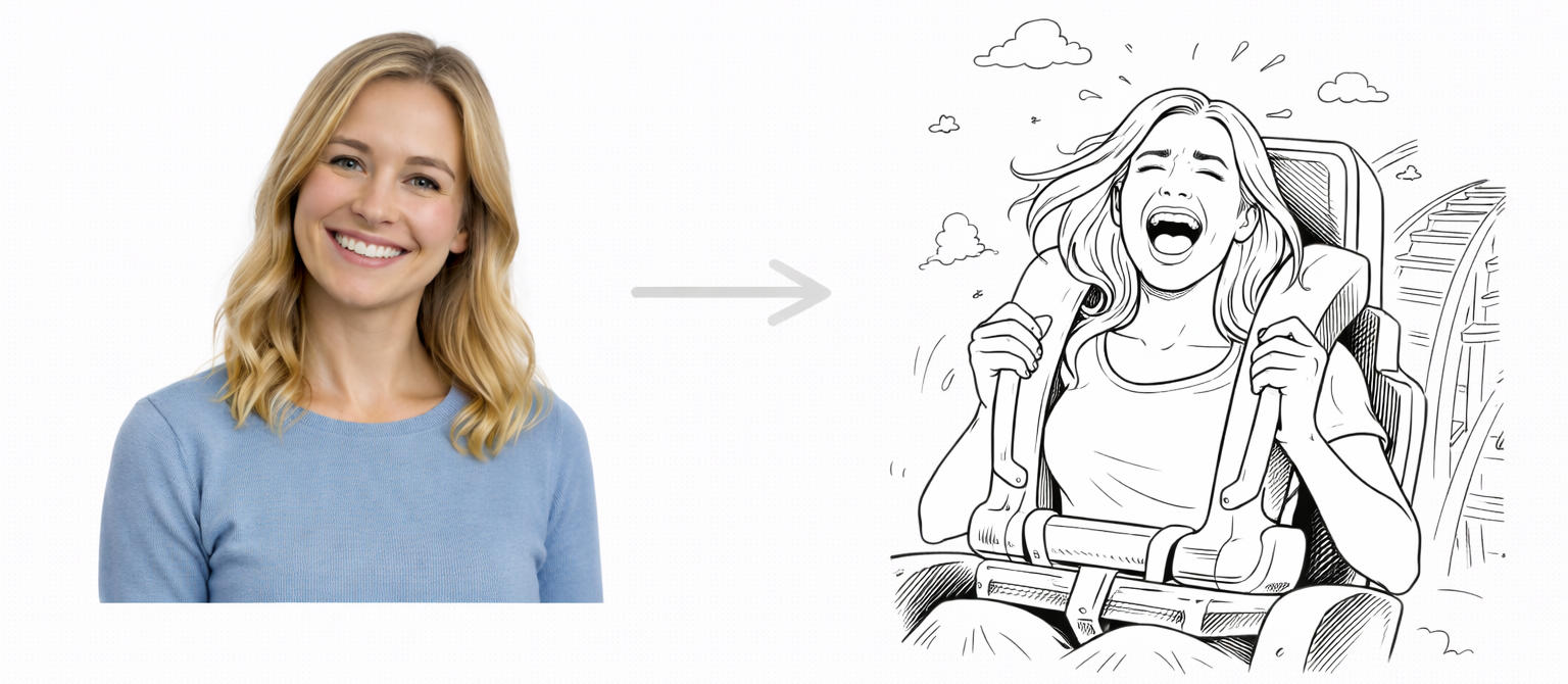 Vorher-Nachher-Darstellung eines Sketchbots: links ein Portraitfoto, rechts die daraus erstellte gezeichnete Illustration.