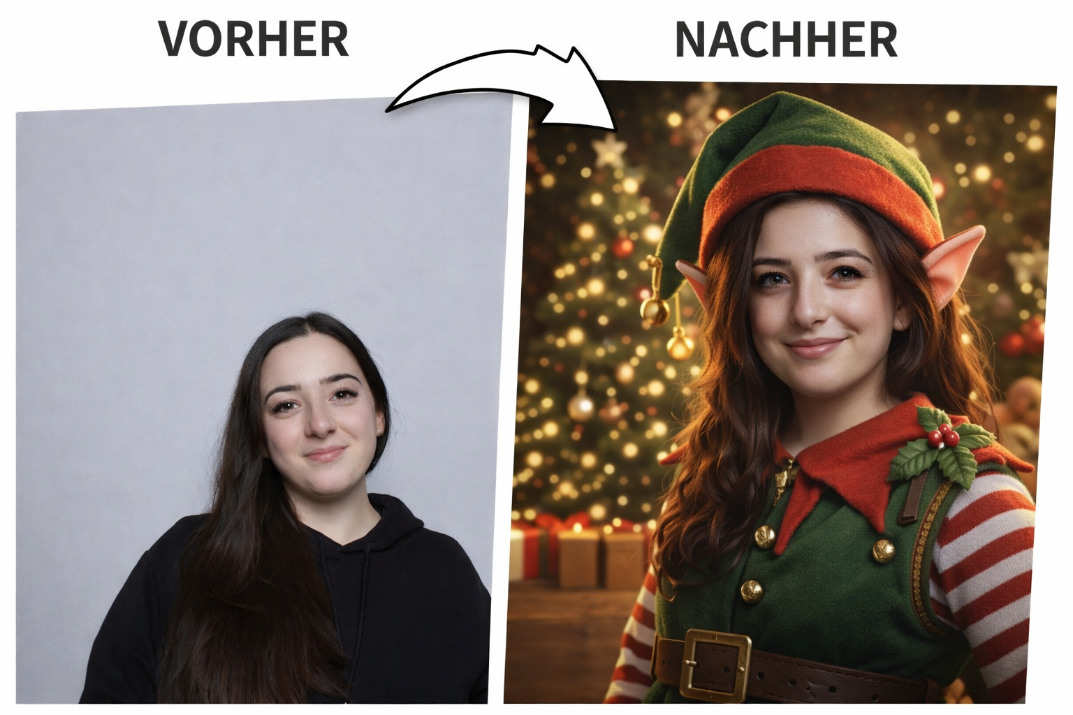 Vorher-Nachher-Darstellung einer KI-Fotobox: links ein neutrales Portrait, rechts eine kreative Verwandlung in eine weihnachtliche Fantasiefigur vor festlicher Kulisse.