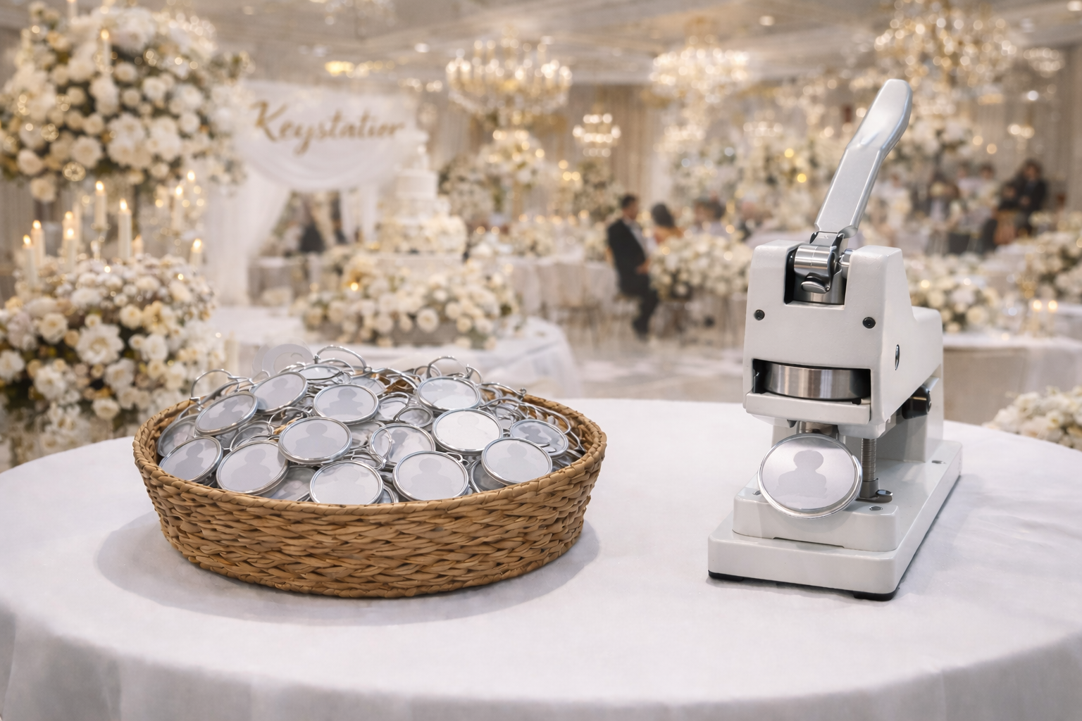 Keychain Station auf einer Hochzeit zum Erstellen personalisierter Schlüsselanhänger für Gäste
