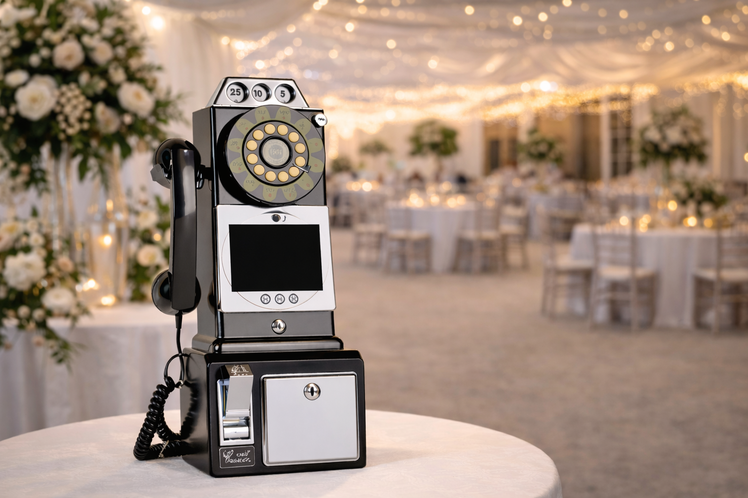 Video Gästebuch im Retro-Telefon Design auf einer stilvoll dekorierten Hochzeitslocation