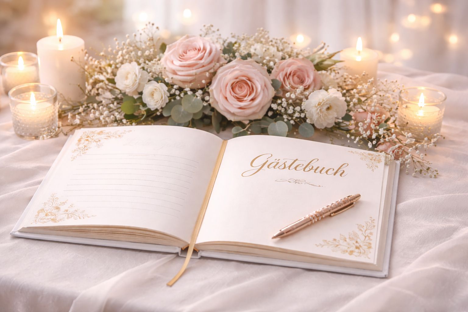 Elegantes Gästebuch mit Rosen und Kerzen auf Hochzeitstisch